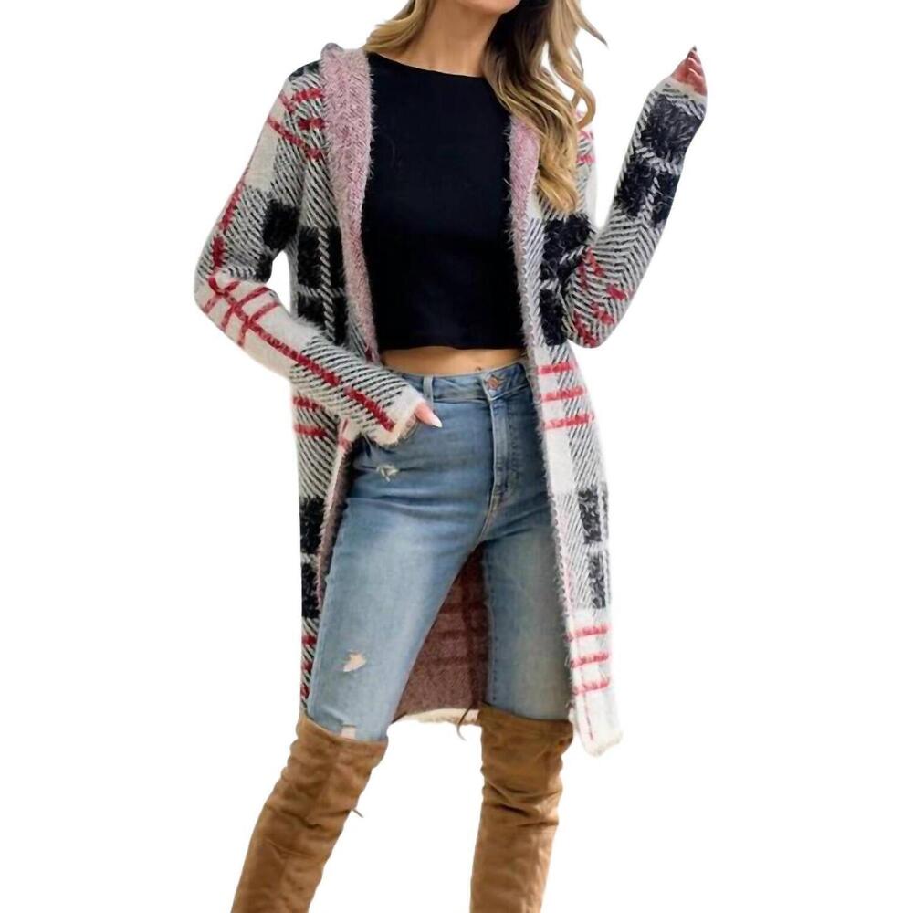 NEW ON BLUE alison plaid eyelash knit cardigan in black/red